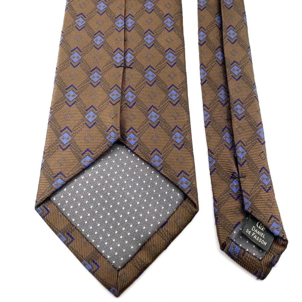 Daniel‎ De Fasson Mens Tie Blue Brown Geometric Pattern Necktie 100% Silk Repp